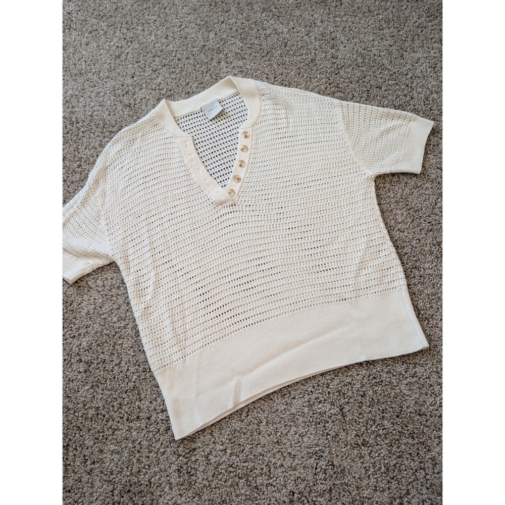Varley Cream Open Stitch Crochet Henley Knit Top Short Sleeve V-Neck